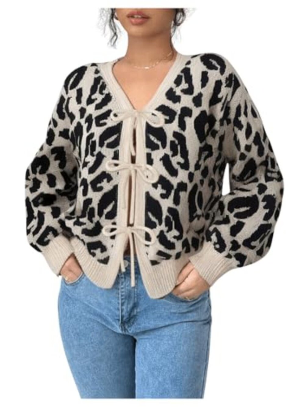 Floerns Women's Cheetah Print Bow Tie Front Cardigan Long Sleeve V Neck Knit